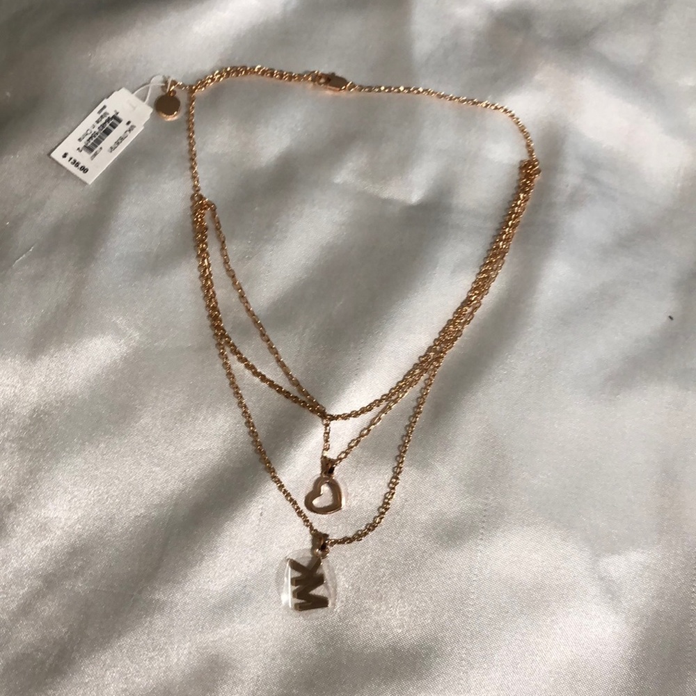 Michael Kors Rose Gold Plated Over Brass Triple Layered Necklace Heart & MK NWT
